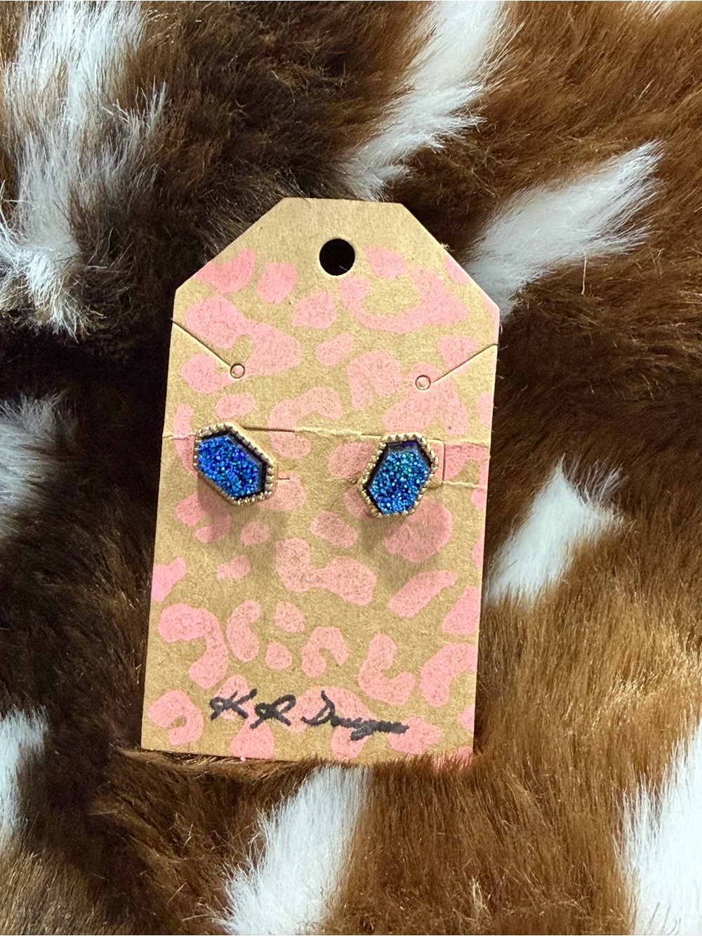 Blue Druzy Hexagon Stud Earrings